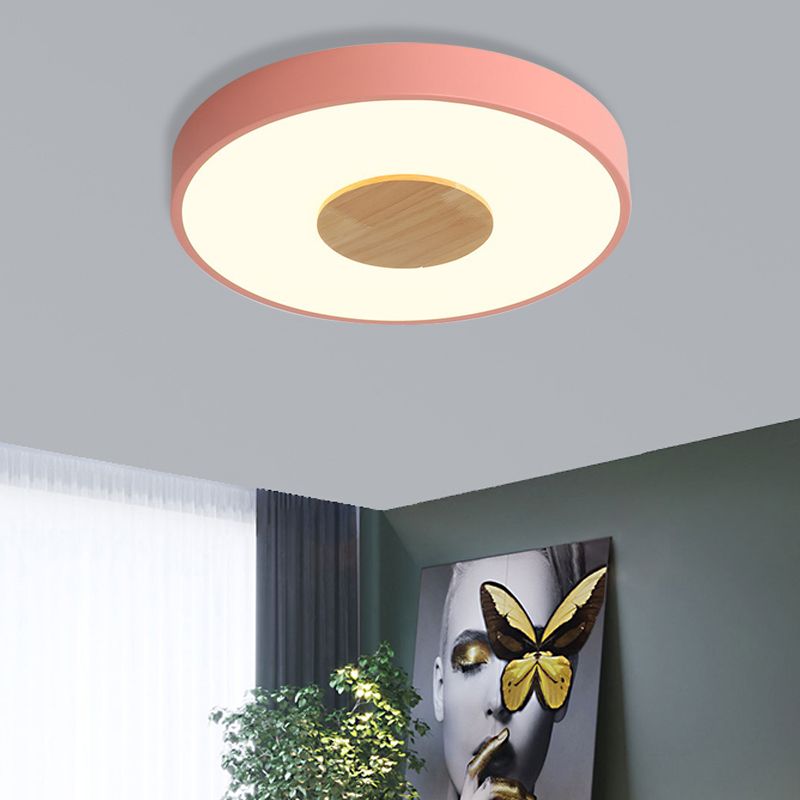 Round Flush Mount Ceiling Light Nordic Iron 1 Head Pink/Blue/White Lighting Fixture for Bedroom, 12"/16"/19.5" Width