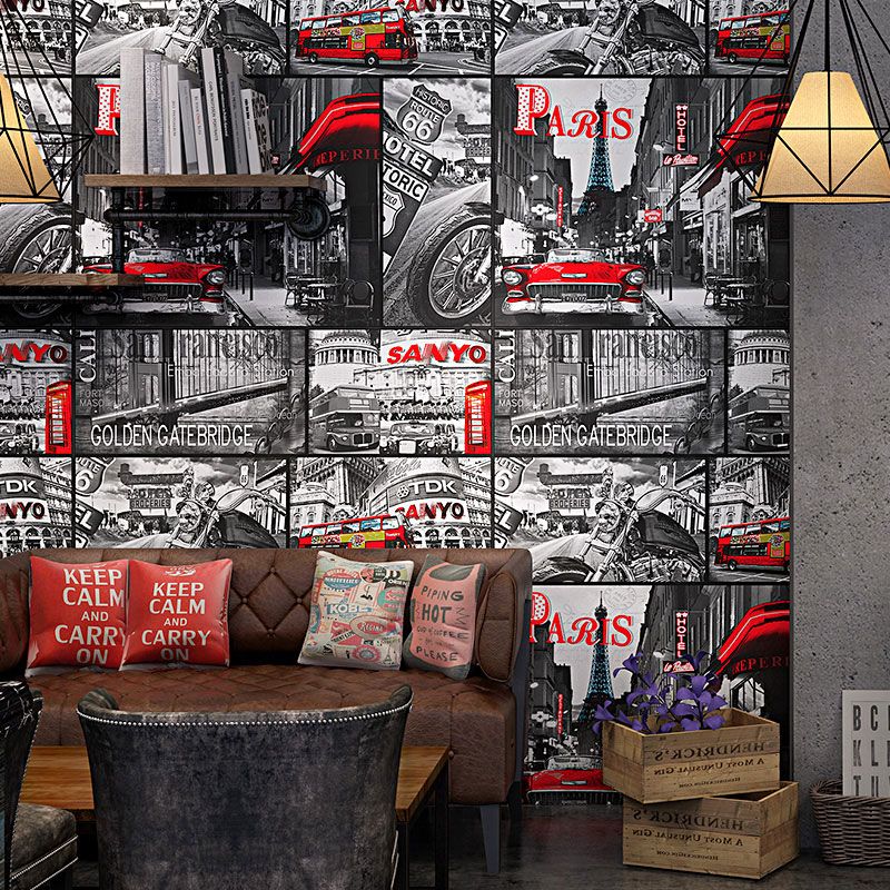 Nostalgic Paris Street Wallpaper Roll Non-Pasted Paper Wall Covering in Grey and Red, 57.1 sq ft.