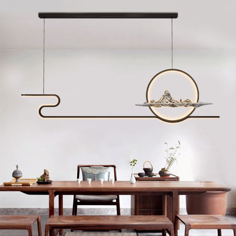 Chinese Minimalist Style Linear Island Pendant Lighting LED Metal Island Ceiling Light for Living Room