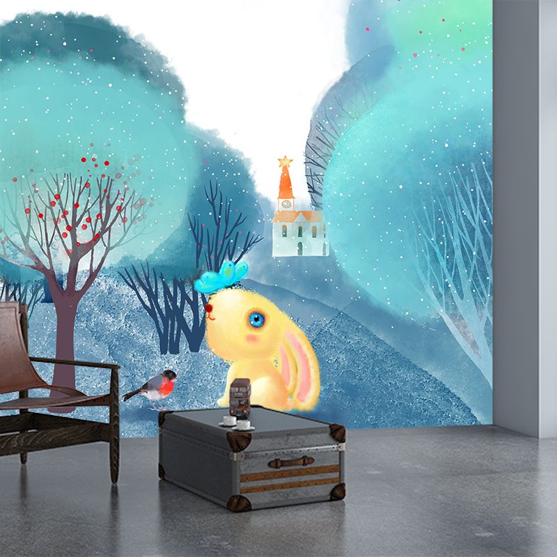 Cartoon Animal Wallpaper Mural Blue-White Rural Landscape Wall Covering for Nursery