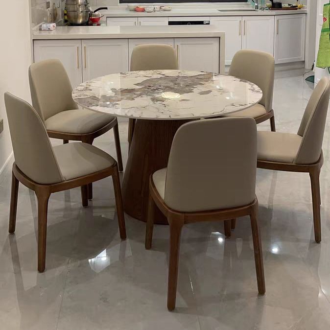 Scandinavian Sintered Stone Table Set of 5/7 with Round Table Dining Set with Leather Chairs