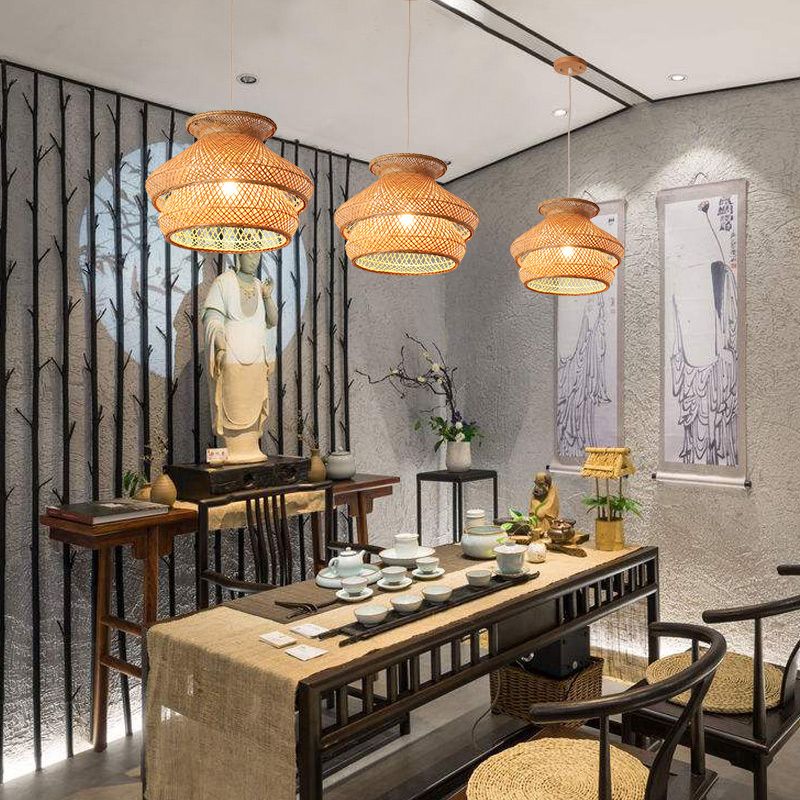 Retro 1 Bulb Suspension Lighting Wood 2-Tier Hanging Ceiling Light with Bamboo Shade