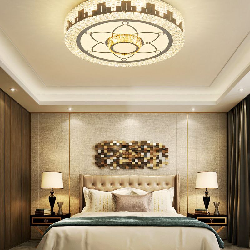 Silver Circular LED Flush Mount in Modern Luxury Style Wrought Iron Ceiling Light with Crystal Shade