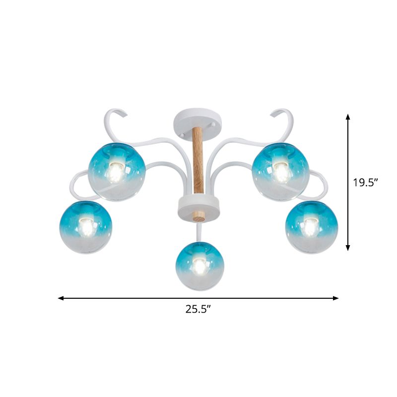 Woonkamer draai arm kroonluchter met baanschaduw helder glas romantisch blauw hanglampje
