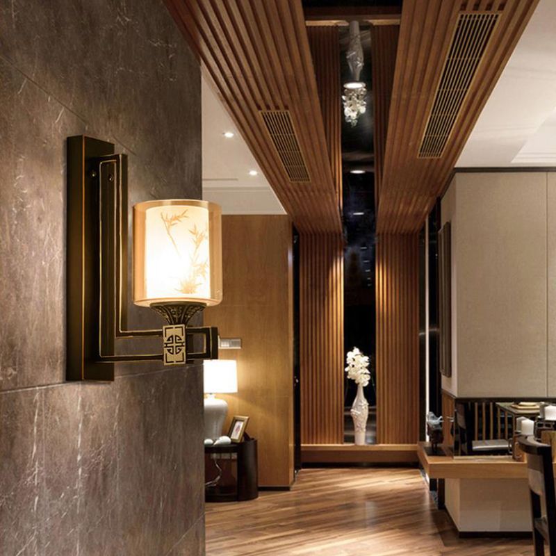 Luz de pared de cilindro negro estilo tradicional vaso ámbar 1 sala de estar ligera con placa posterior de metal