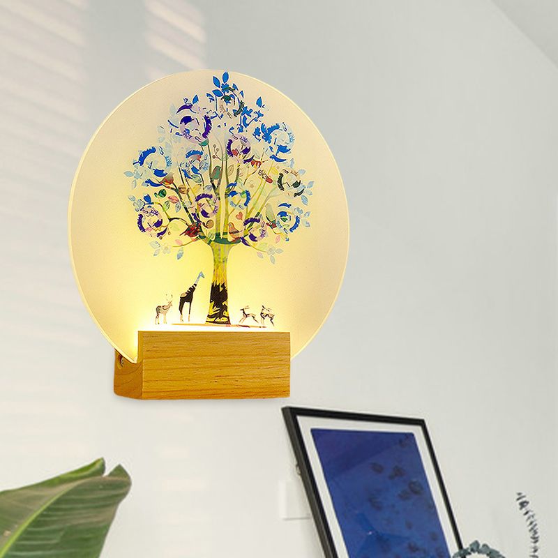 Nordic LED Wall Mural Lamp Acrylic Wood Circular Tree and Animal Wall Lighting Fixture