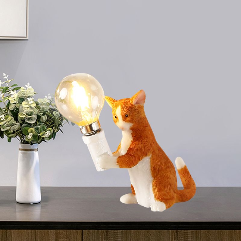 Tabby Cat Holder Table Lamp Kids Iron 1 Bulb Black/Yellow/Blue Nightstand Light with Bare Bulb Design