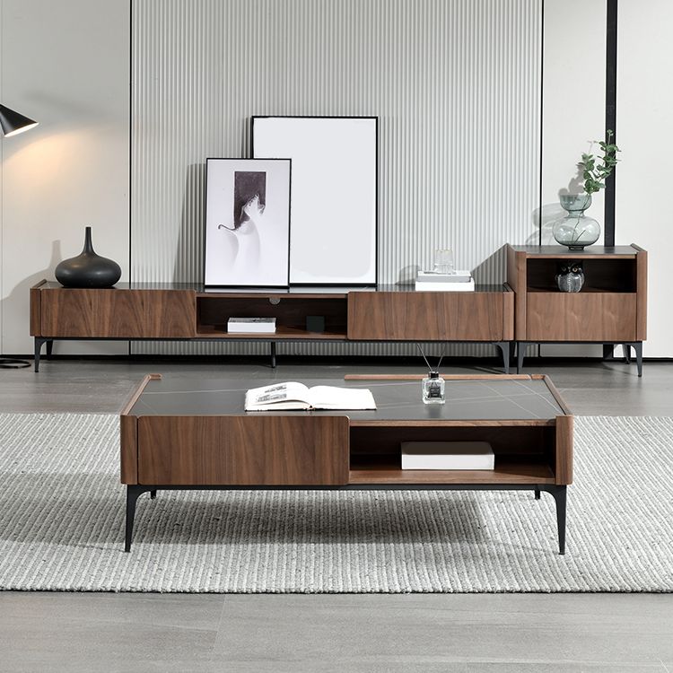 Rectangular Slate Top Coffee Table 4 Legs Cocktail Table with Storage