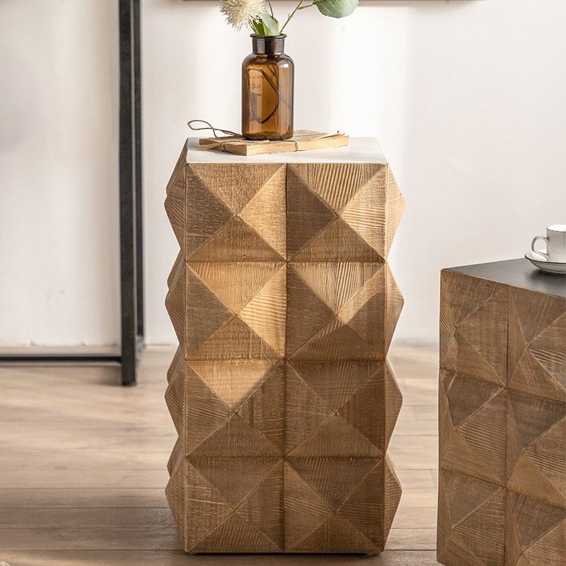 Rustic Solid Wood End Table Drum Square Shape Accent Side Table