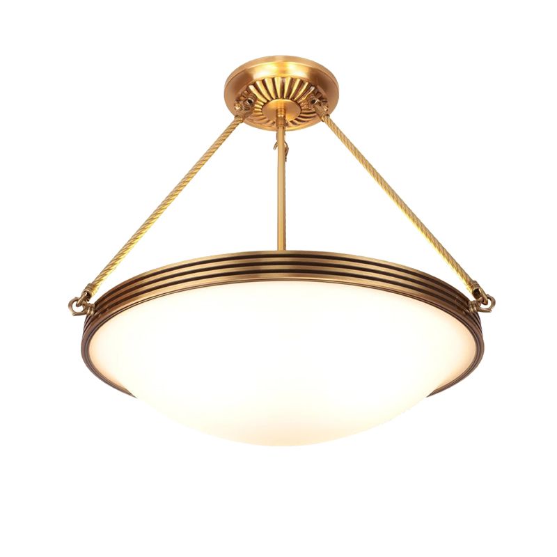 Luminaire d'opale à 4 légers suspendus en laiton traditionnel Bowl de salon