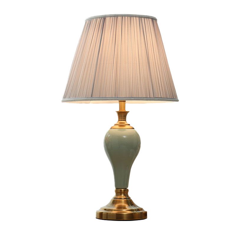 Ceramic Urn Table Lighting Vintage 1 Bulb Bedside Nightstand Light in Aqua/Beige/Silver Grey with Tapered Fabric Shade