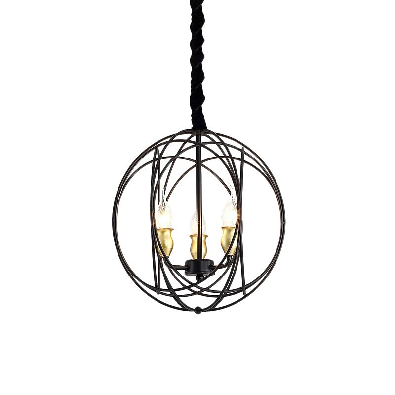 Plafond de bougie noire pendentif rustique métal 3 ampoules Lumière de lustre avec cage globe