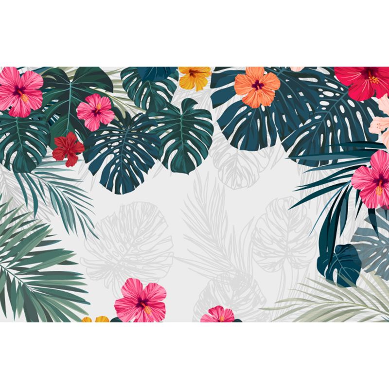 Full Size Illustration Tropical Mural Decal with Flowers and Leaves Landscape in White