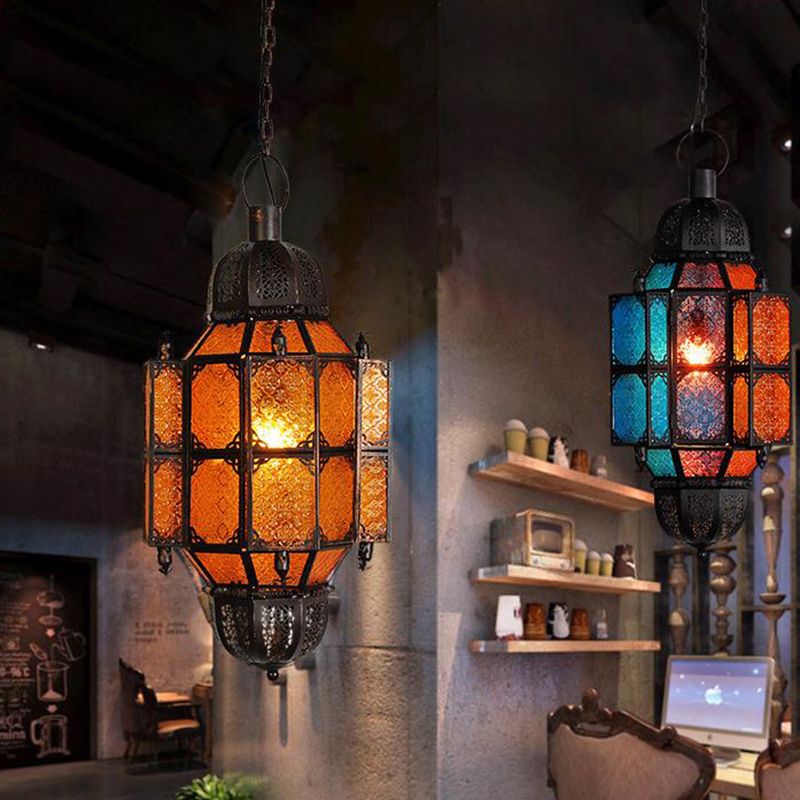 Black Lantern Pendant Vintage Metal 1-Bulb Restaurant Ceiling Light with Yellow Textured Glass Shade