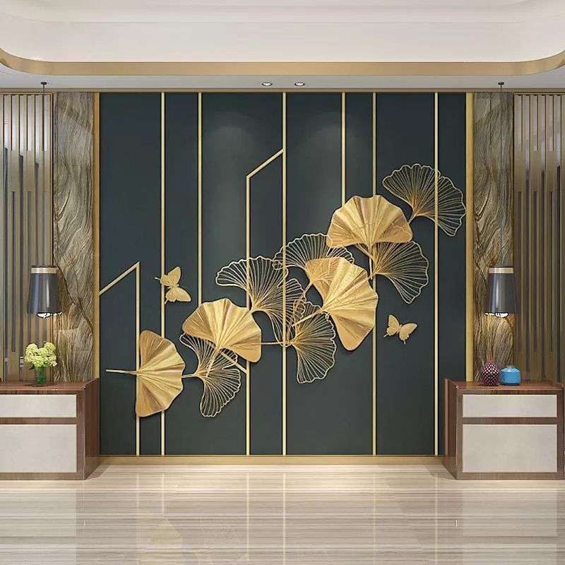 Whole Ginkgo and Butterfly Mural Blackish Green Non-Woven Material Wall Covering for Coffee Shop, Made to Measure