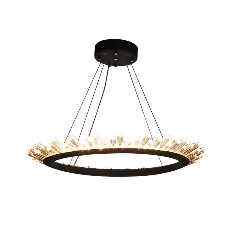 Black/Gold Ring Pendant Chandelier Modern Crystal Accent LED Pendant Light Fixture in White/Warm Light for Living Room, 19.5"/23.5" Wide