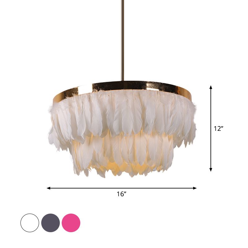 16"/19.5" W Tiered Tapered Chandelier Nordic Feather 3 Bulbs Grey/White/Red Ceiling Pendant Light for Bedroom