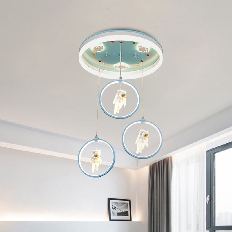 Pink/Blue Circle Flush Mount Lamp Kids Metal LED Ceiling Light Fixture with Suspended Princess/Astronaut