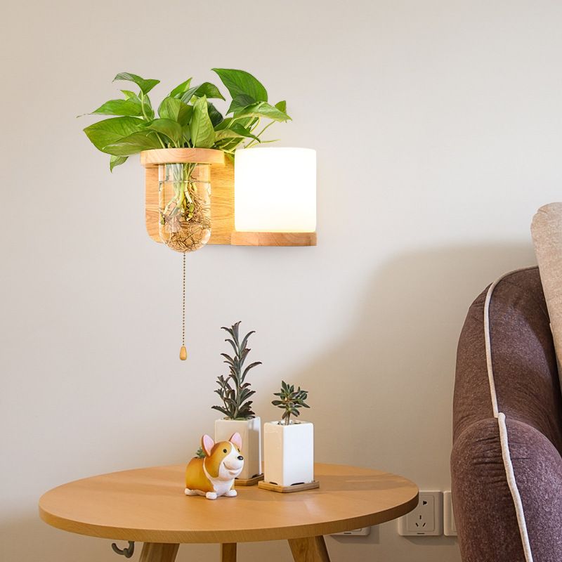 Modern Style Wall Light Wood 1 Light Sconces in White for Bedroom without Plant