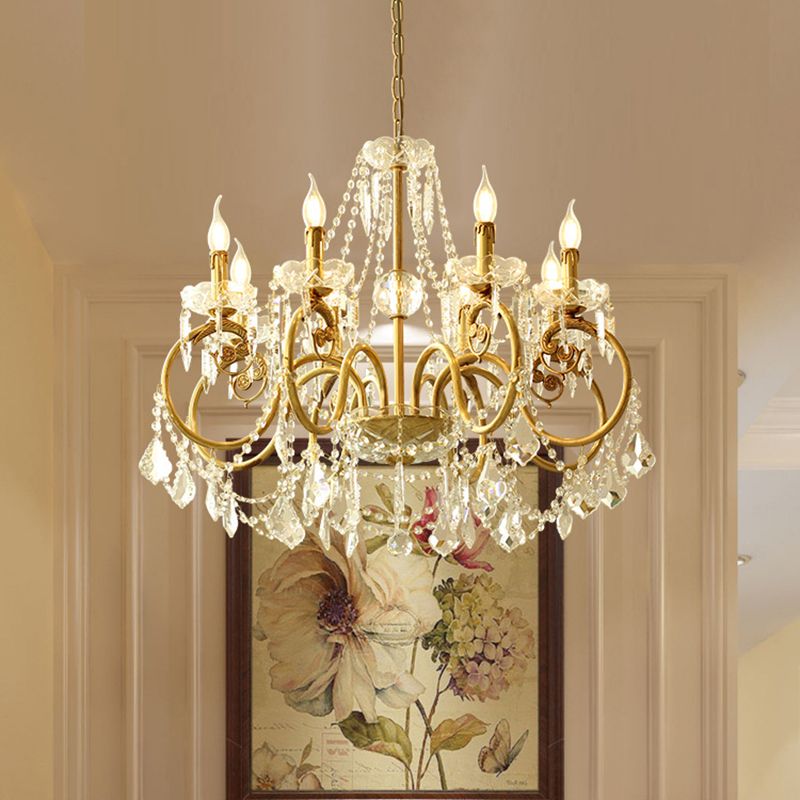 Gold Retro Rustic Style Crystal Large Chandelier Full Brass Candlestick Design Elegant Lighting Fixture for Living Room