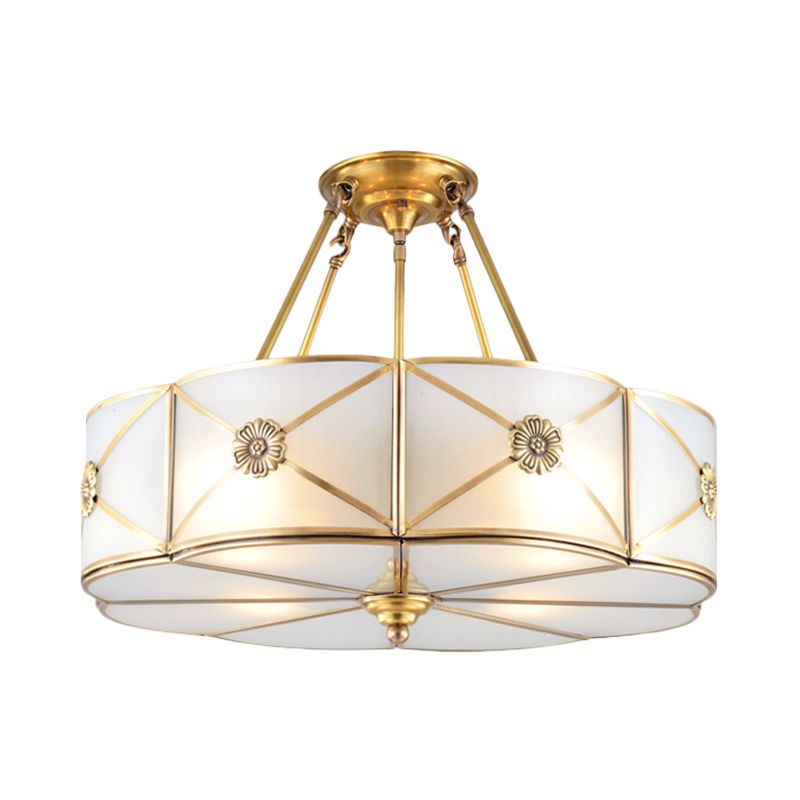18"/23.5" Wide Drum Semi Flush Mount Traditional White Glass Brass 4/6 Bulbs Ceiling Mount Chandelier
