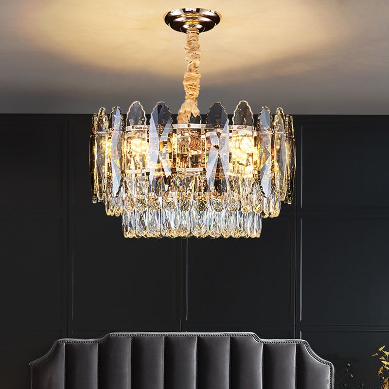 Artistic Tiered Chandelier Lighting Minimalist Clear K9 Crystal Living Room Pendant Light in Gold