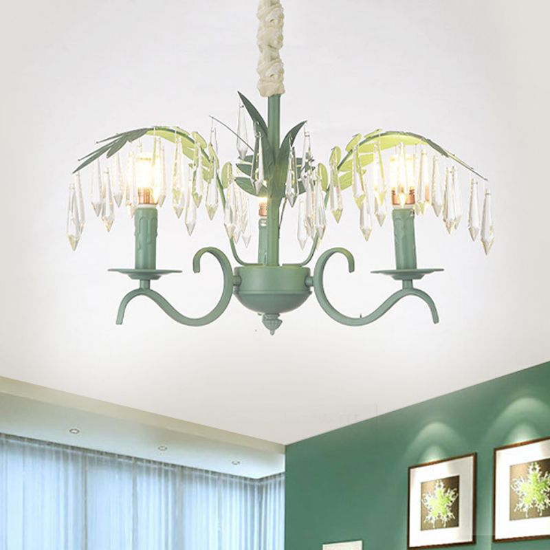 Metal Candle Hanging Light with Leaf & Crystal Restaurant 3 Lights Nordic Chandelier in Green