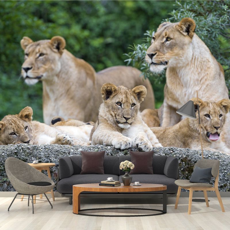 Contemporary Lion Family Wallpaper Mural for Bedroom Custom Wall Decoration in Brown