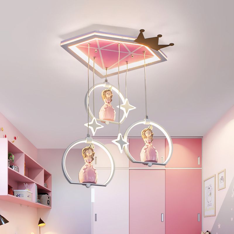 Cartoon LED Ceiling Flush Pink Diamond Flush Mount Light Fixture with Acrylic Shade and Draping Princess