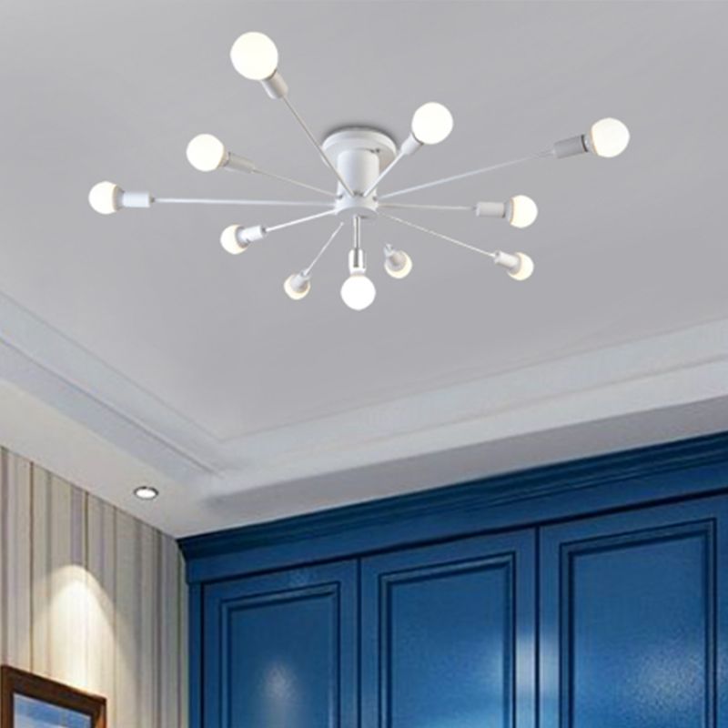 6/8 Heads Ceiling Light Fixture with Exposed Bulb Metal Retro Style Bedroom Semi Flush Mount Lighting in Black/White