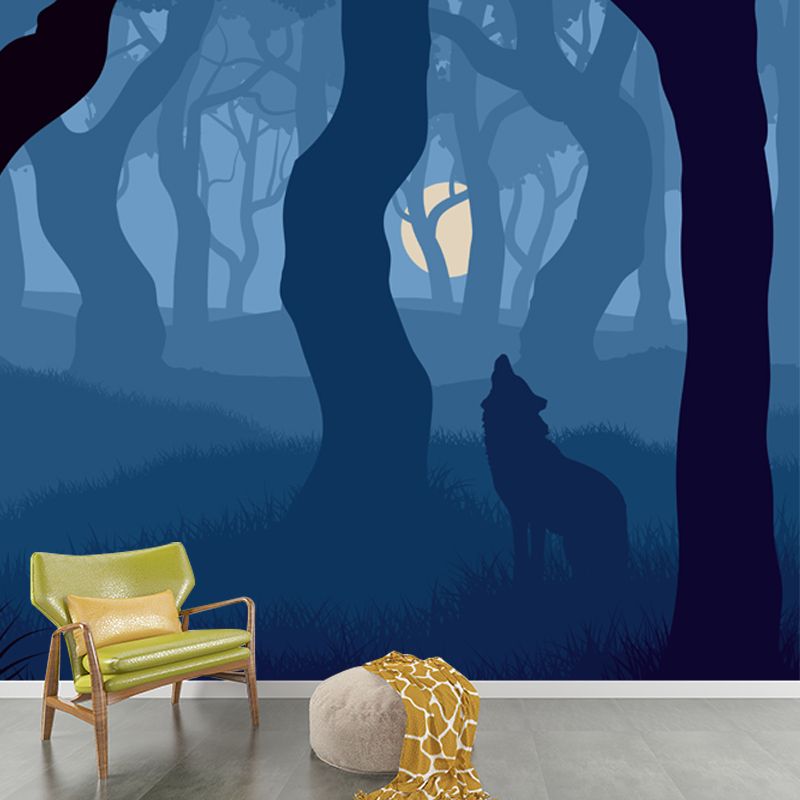 Blue Modern Mural Wallpaper Large Wolf Howling in Night Foggy Forest Wall Decor for Home