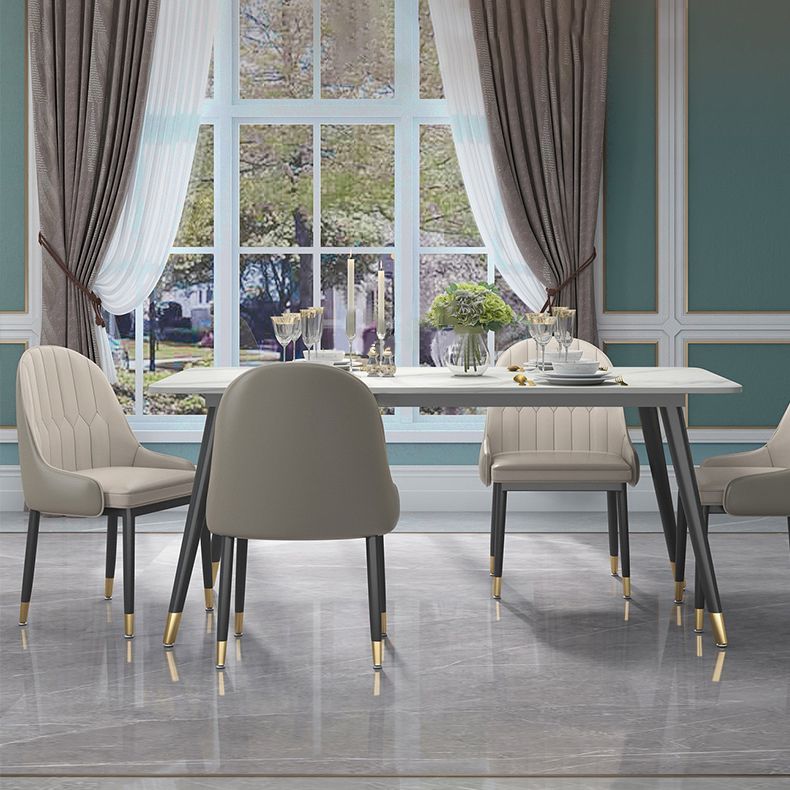 Modern Sintered Stone Table Set of 5/7 with Rectangle White Table Dining Set with PU Leather Chairs