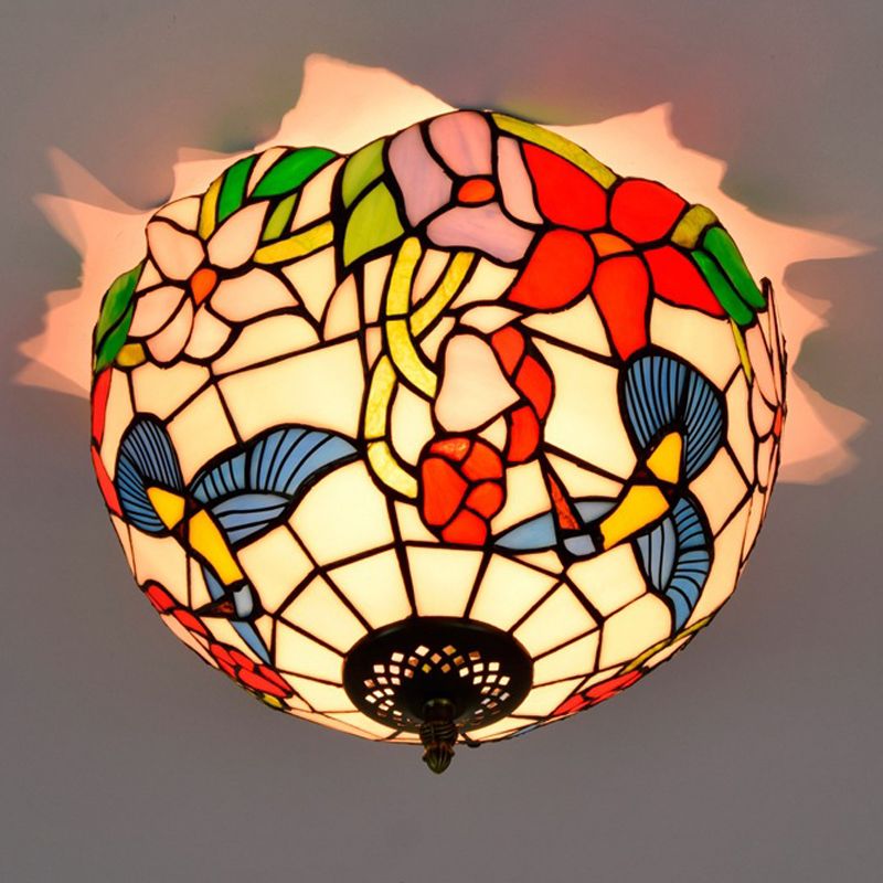 Buntglas-Blumen-Deckenleuchte, Tiffany-Deckenleuchte, 2 Lichter, Messing, Unterputzleuchte für Schlafzimmer