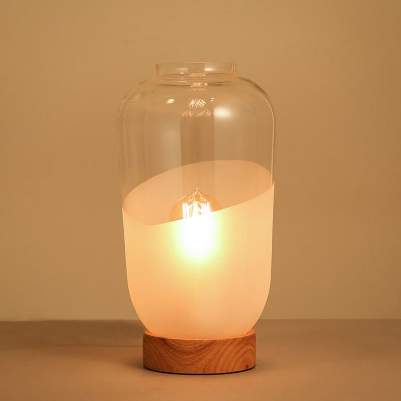 Lámpara de mesa de noche sencilla con forma de tarro, cristal transparente y blanco, 1 cabezal, con base de madera
