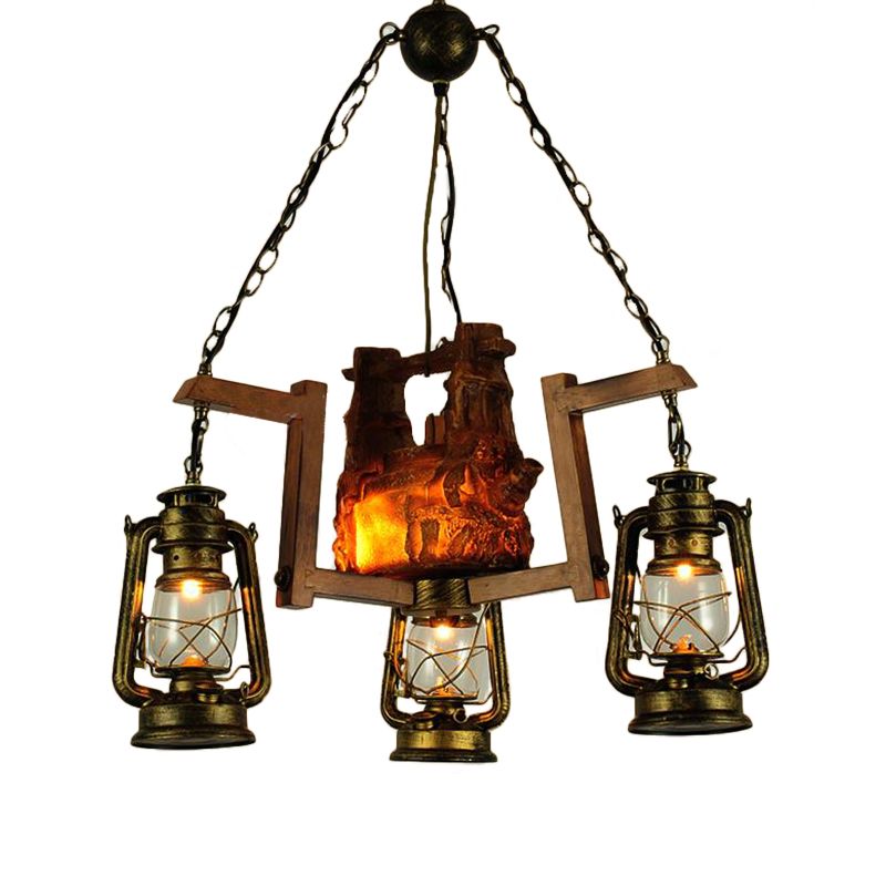 Loft Style Lantern Pendant Light 3 Lights Metal Aged Brass Chandelier for Restaurant