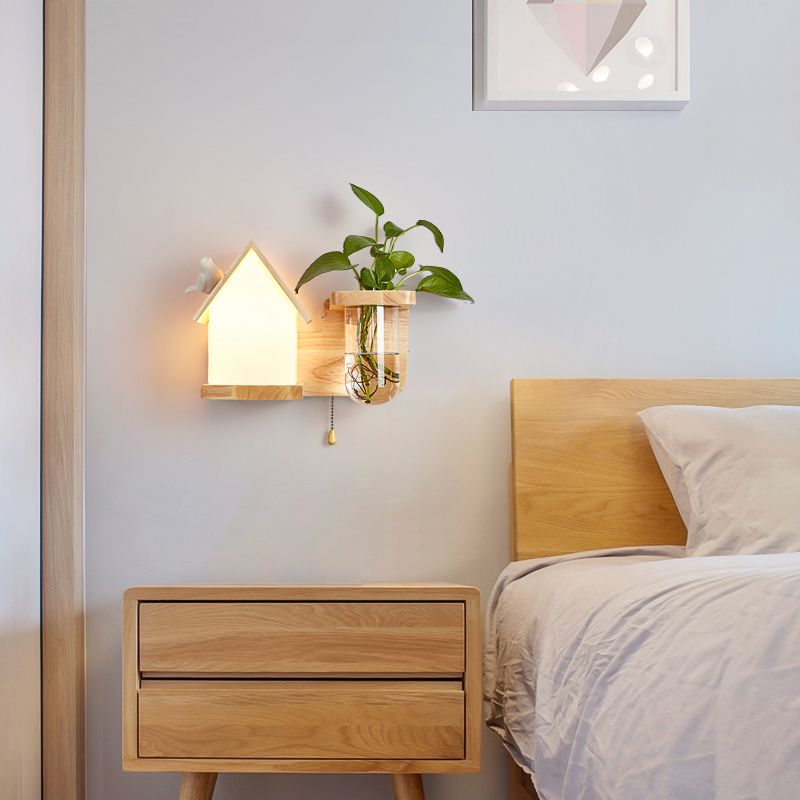 1-Light Wall Sconce Modern Wooden Wall Mount Lamp for Living Room(Plant not included)