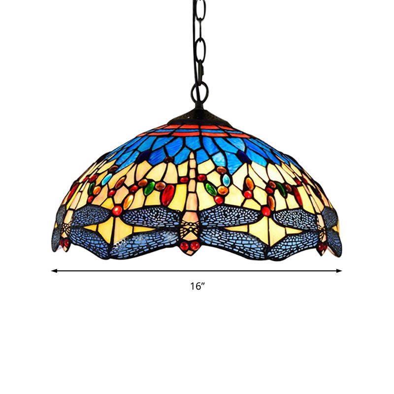 2 Heads Dragonfly Pendant Lighting Tiffany Yellow-Blue Stained Glass Hanging Ceiling Light for Living Room