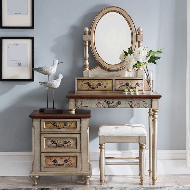 Victorian Wood Vanity Table with Mirror and Stool 15.75" D Vanity Table Set