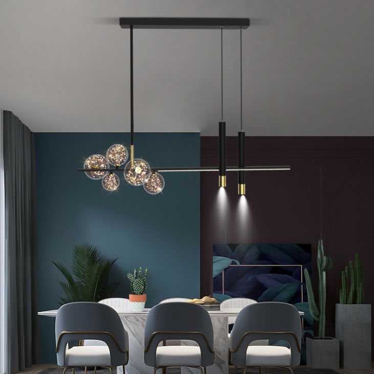 Glass Contemporary Hanging Lights Black Linear Island Lighting Fixture for Dining Room