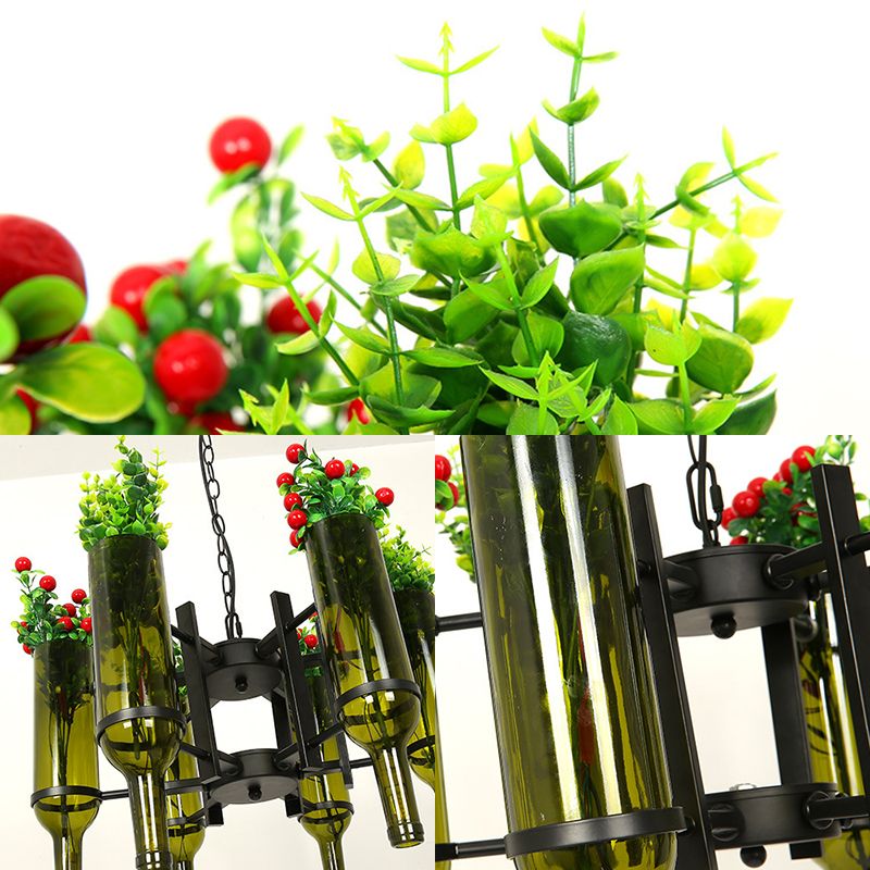 Bouteille de vin en verre vert lustre clair industriel 6-Light Dining Room Pendant Lighting avec fleur