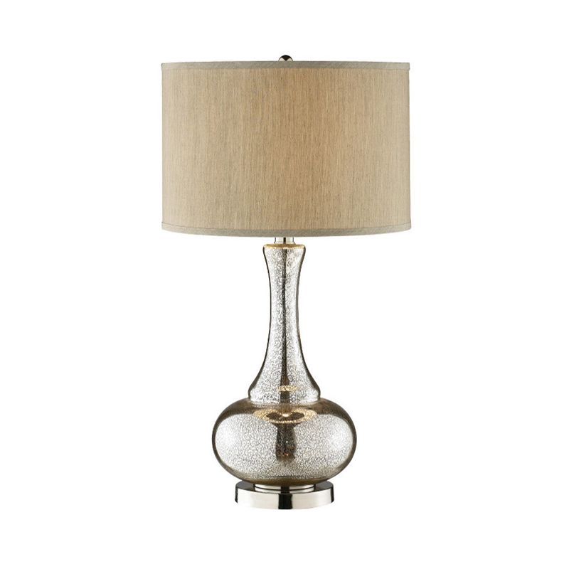 Silver Glass Vase Shape Nightstand Light Modernism Single Bulb Night Table Lamp with Drum Beige Fabric Shade