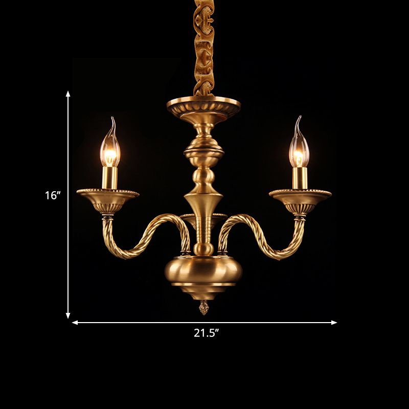 Colonial Candle Chandelier Pendant Lighting 3/5/6 Lights Metal Hanging Ceiling Lamp in Brass with Curved Hemp Rope Design Arm