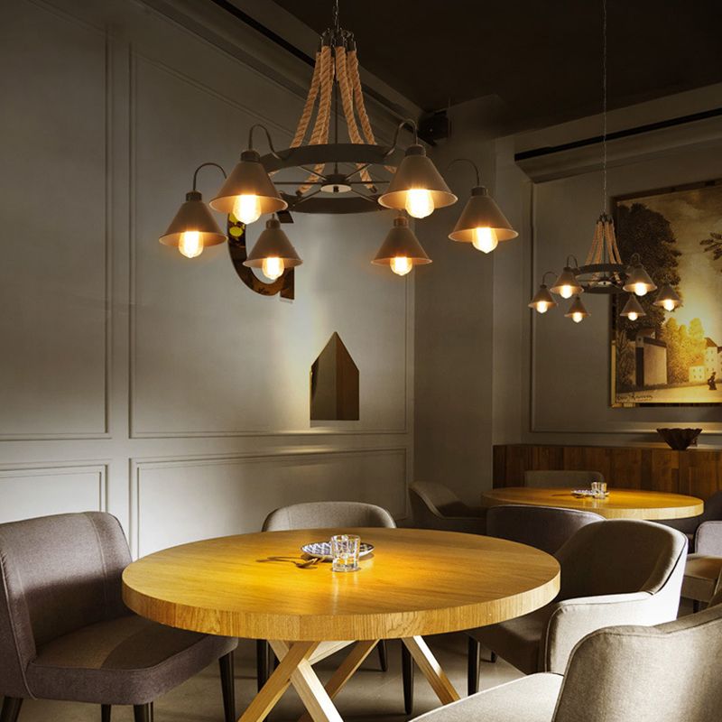 Conical Chandelier Light Industrial Black Iron Suspension Lighting with Wheel and Hemp Decoration