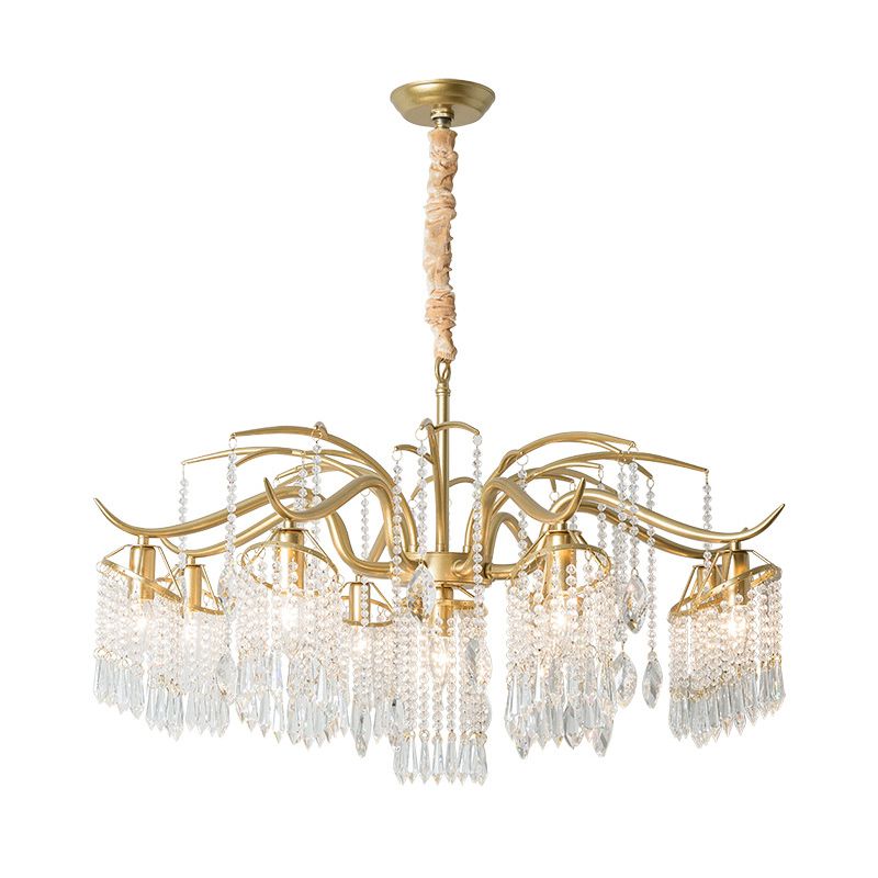 French Style Gold Chandelier Light with Clear Crystal Drops Metal Multi Light Pendant Light for Living Room