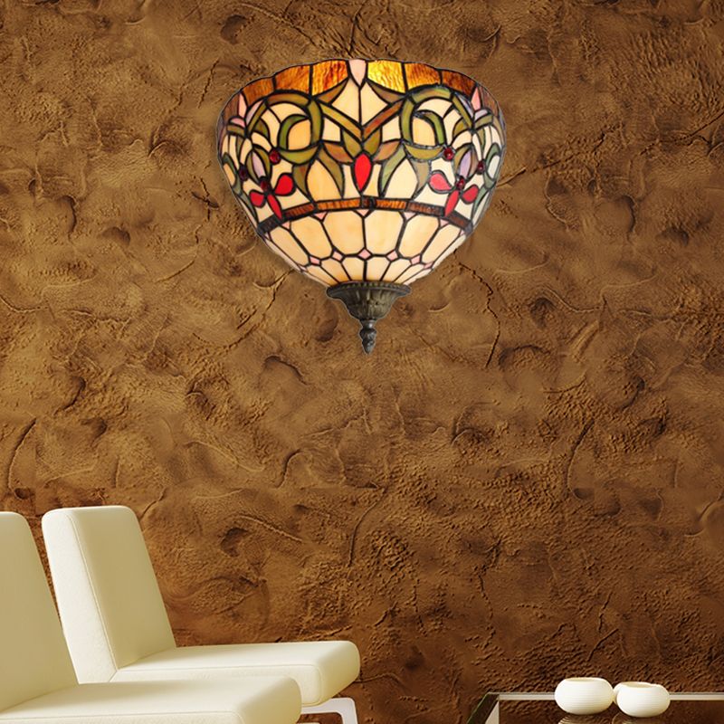 Rustic Bowl Wall Sconce Lighting Stained Glass 1 Bulb Wall Lighting in Multi Color for Staircase