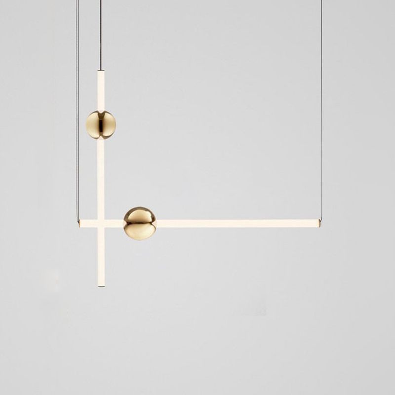 Minimalist Linear Pendant Lighting, White Glass Hanging Light with Gold Ball