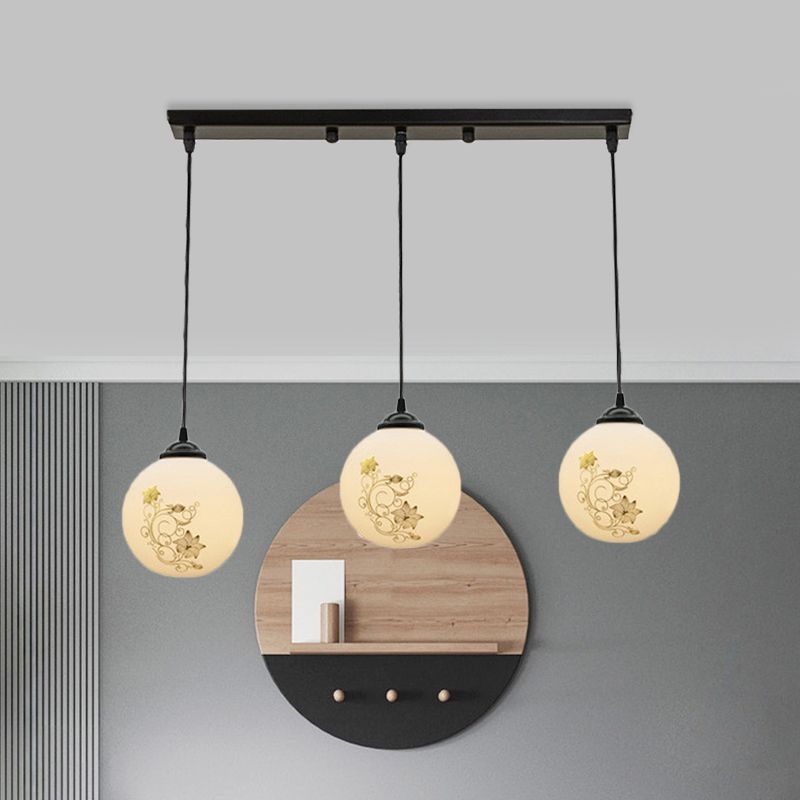 Black Sphere Multi Ceiling Lamp Modernism White Printing Glass 3-Light Dining Room Pendant with Round/Linear Canopy