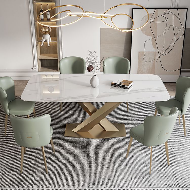 Traditional Luxury Sintered Stone Top Dining Table Rectangle Table in White with Gold Pedestal