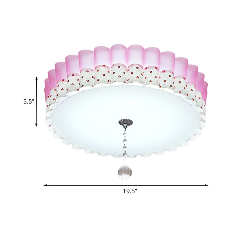 Pink Drum Flush Mount Lighting Pastoral Acrylic LED Bedroom Ceiling Light with Wavy Trim and Crystal Ball