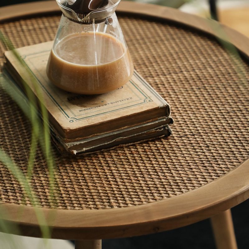 Modern Round Side Table 3 Legs End Table with Rattan Accents